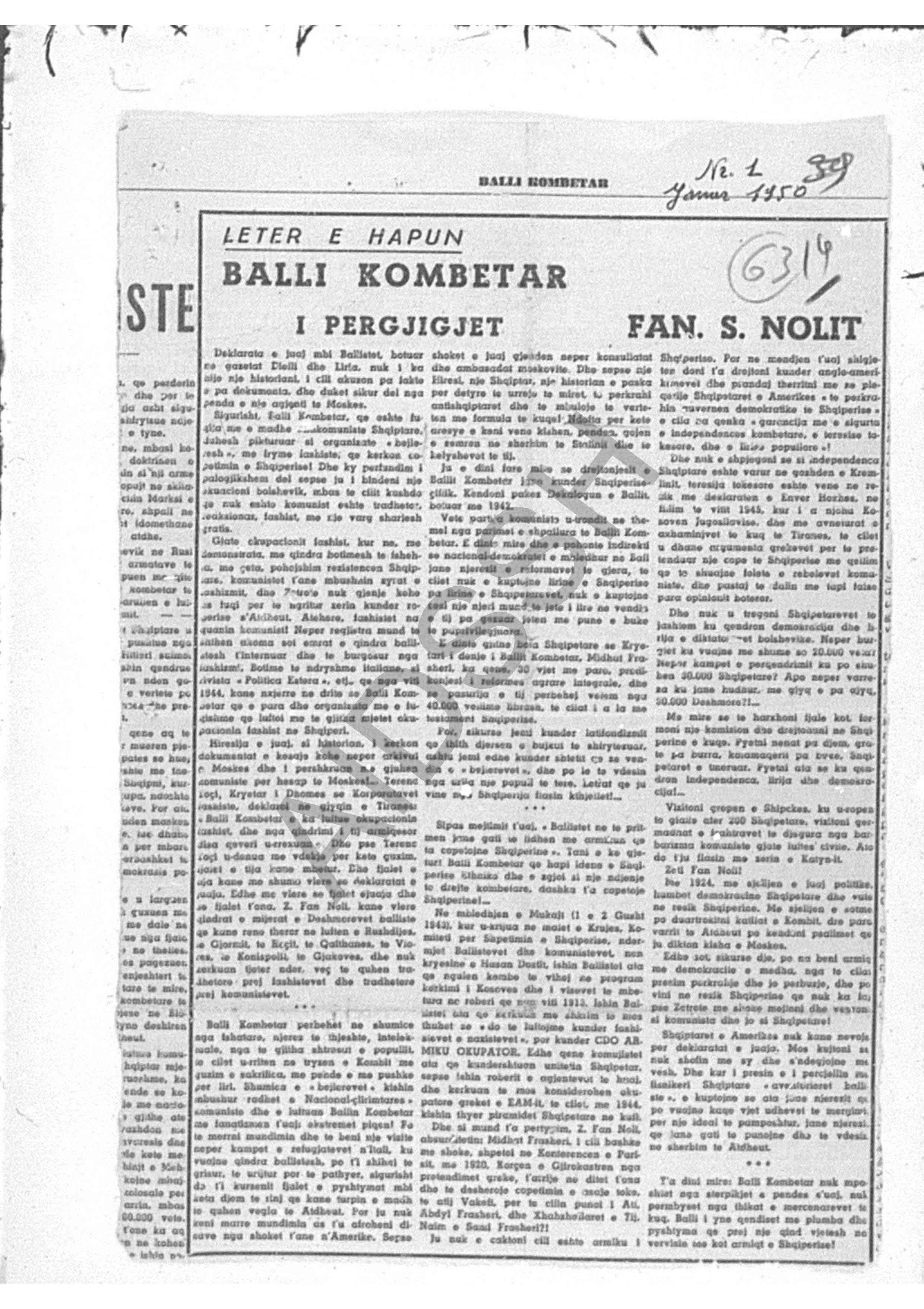 Balli Kombëtar i përgjigjet Fan Nolit